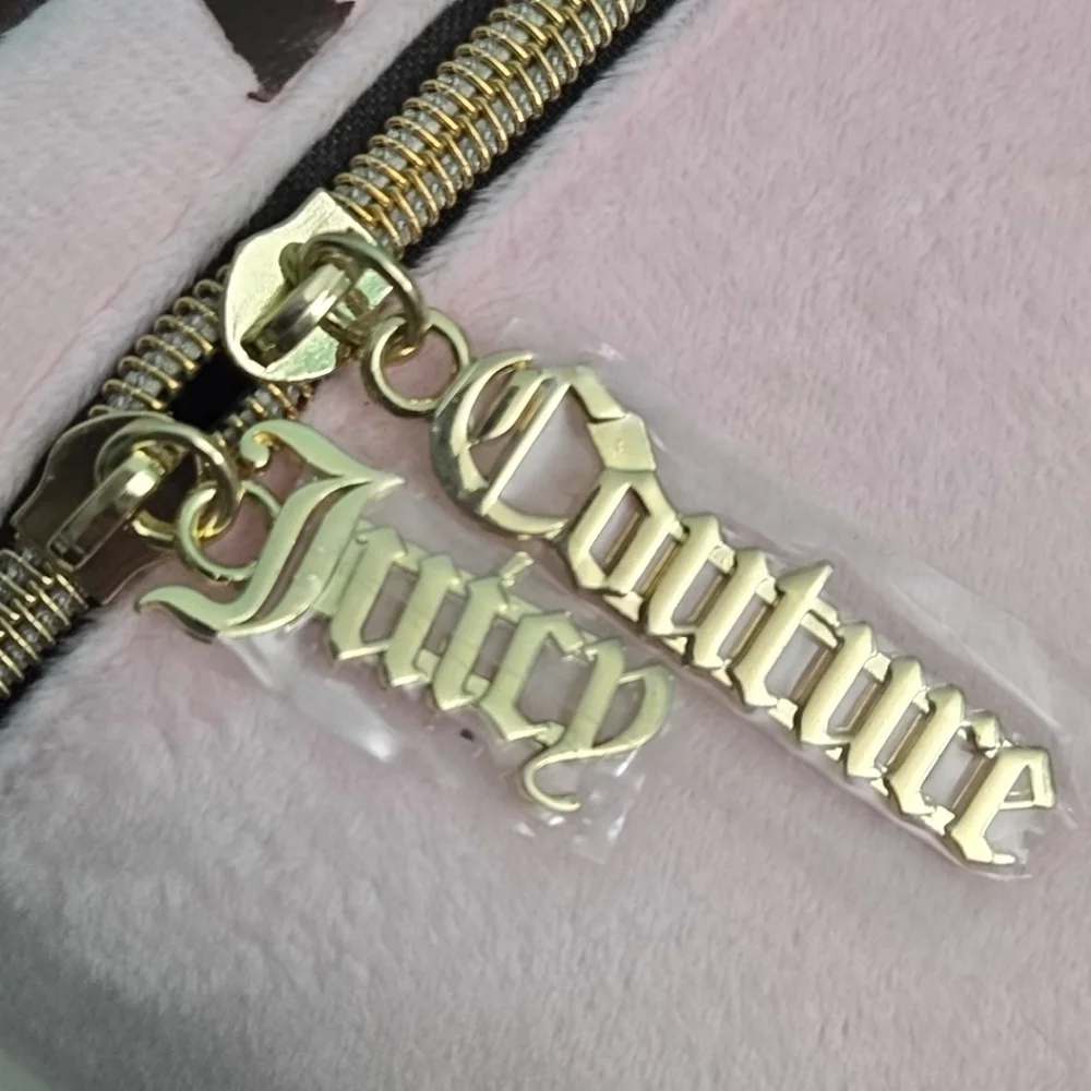 Juicy Couture Makeup Bag Cosmetic Case Scottie Dogs Pink Gold Foil Logo Charms